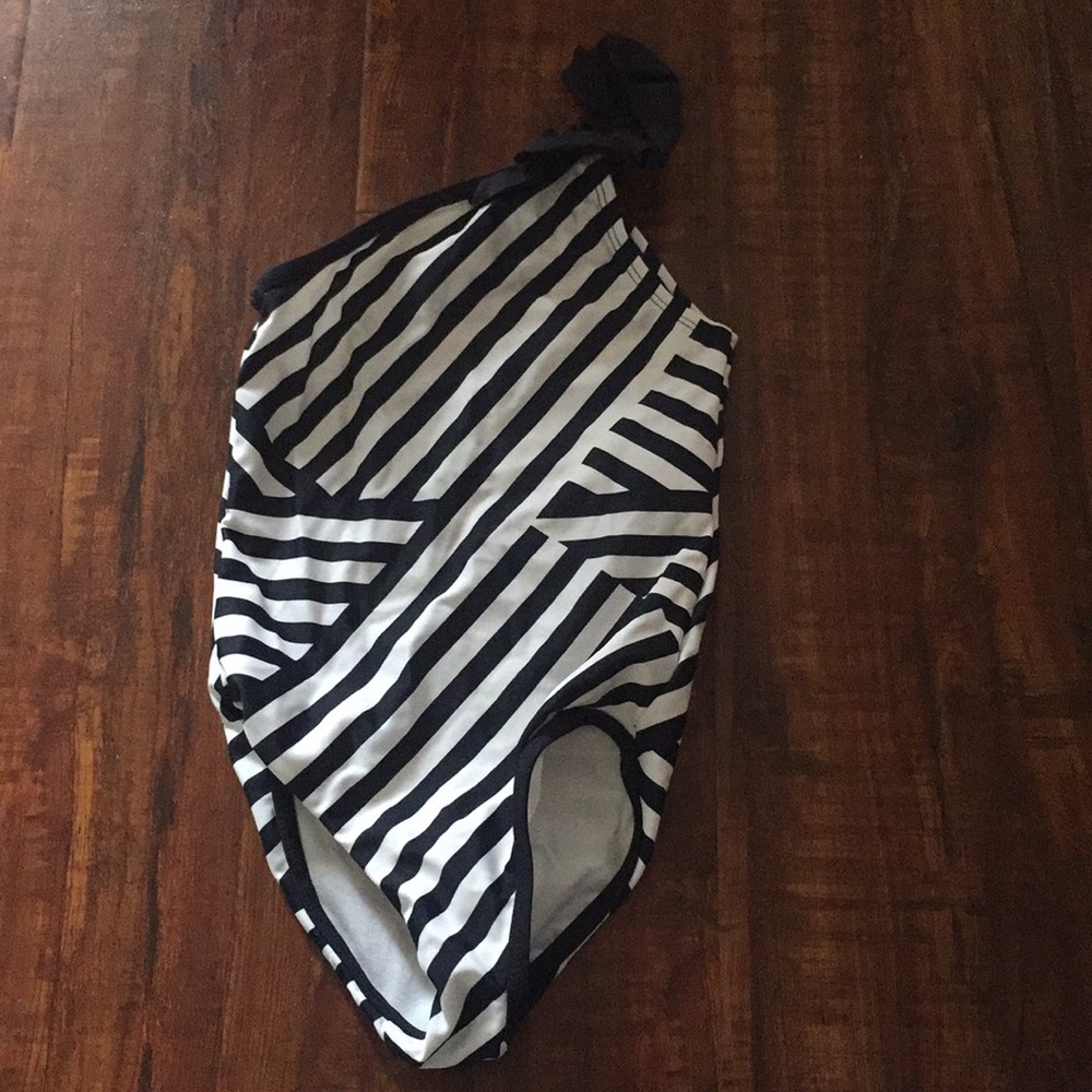 Blue and white striped bathing suit